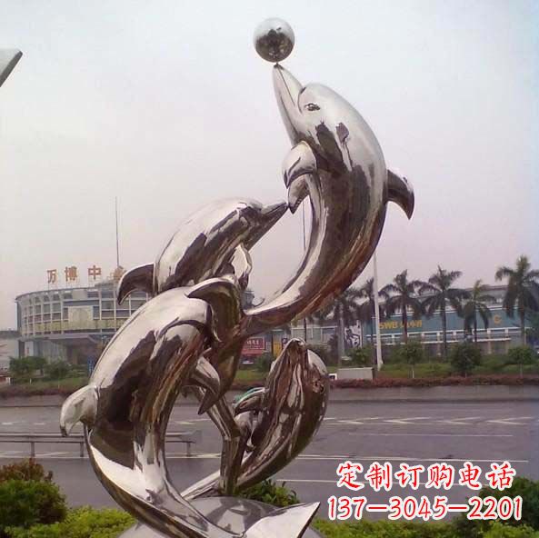 开封不锈钢海豚顶球造型雕塑