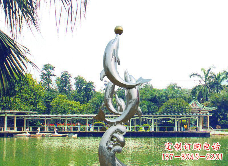 开封不锈钢海豚戏球公园雕塑