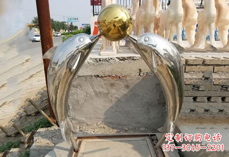 开封不锈钢海豚顶球雕塑