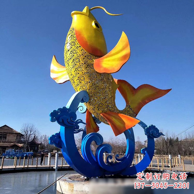 开封不锈钢鱼跃喷泉雕塑色彩斑斓的水景美景