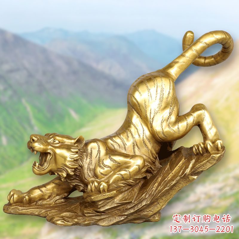 开封纯铜鎏金老虎下山雕塑,生肖虎动物雕塑摆件