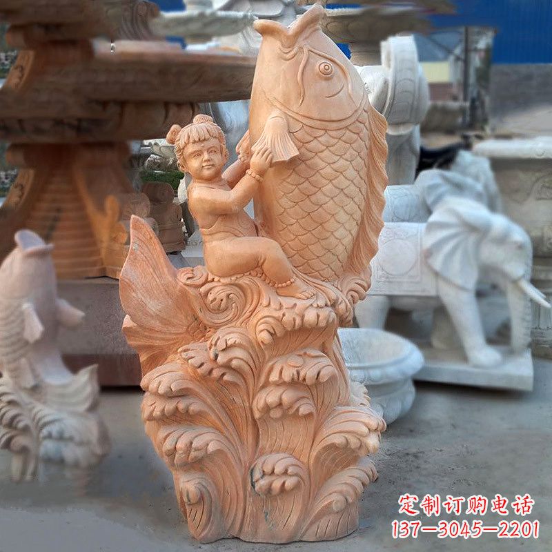 开封大型喷水鲤鱼景观雕塑-晚霞红石雕动物喷泉