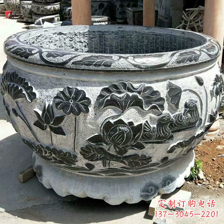 开封极致精细仿古圆形鱼缸石雕