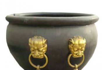 开封传统工艺鎏金狮子头水缸铜雕塑