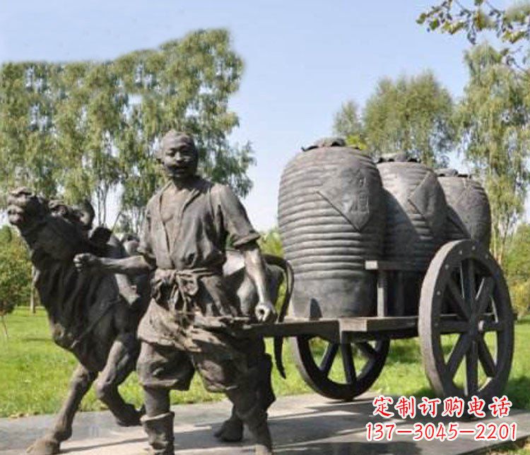 开封公园驾着牛车拉酒缸的古代人物小品铜雕
