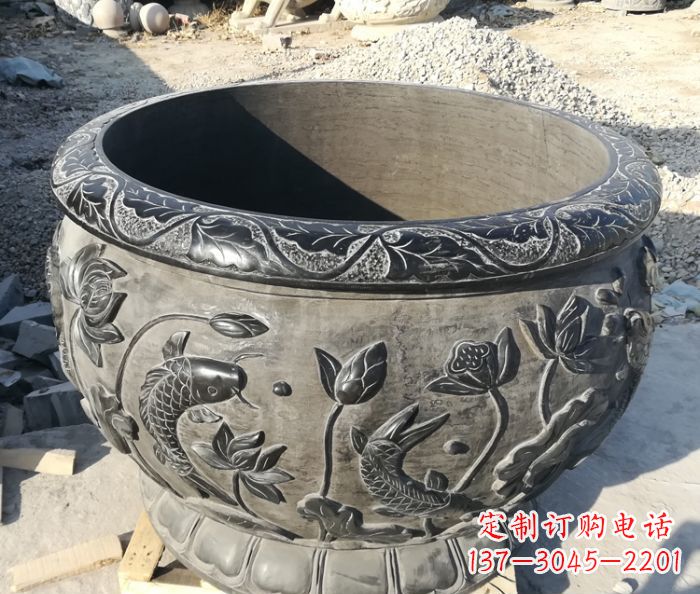 开封青石仿古雕塑荷花水缸