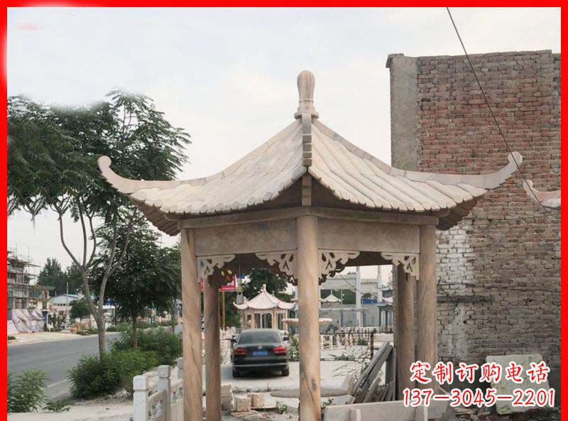 开封公园晚霞红六角石凉亭雕塑