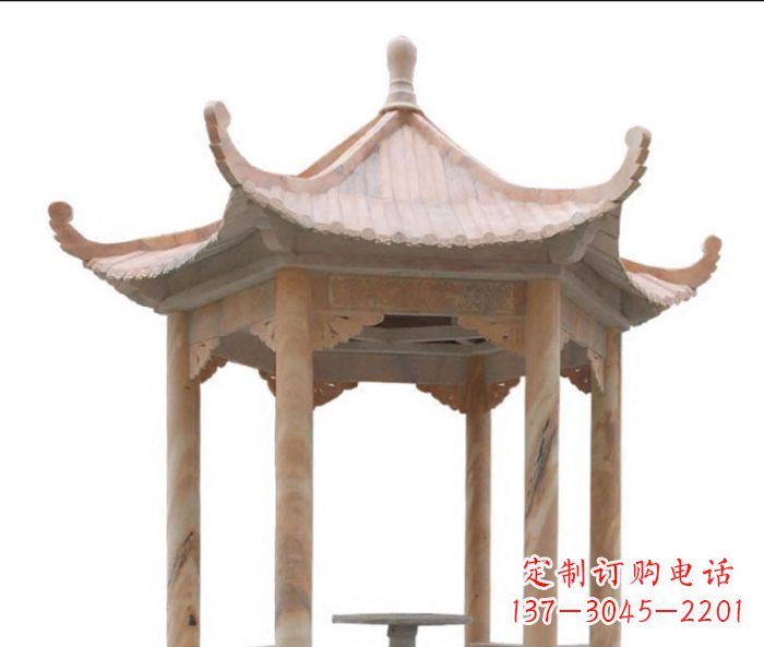 开封美丽而优雅的公园晚霞红六角石凉亭雕塑