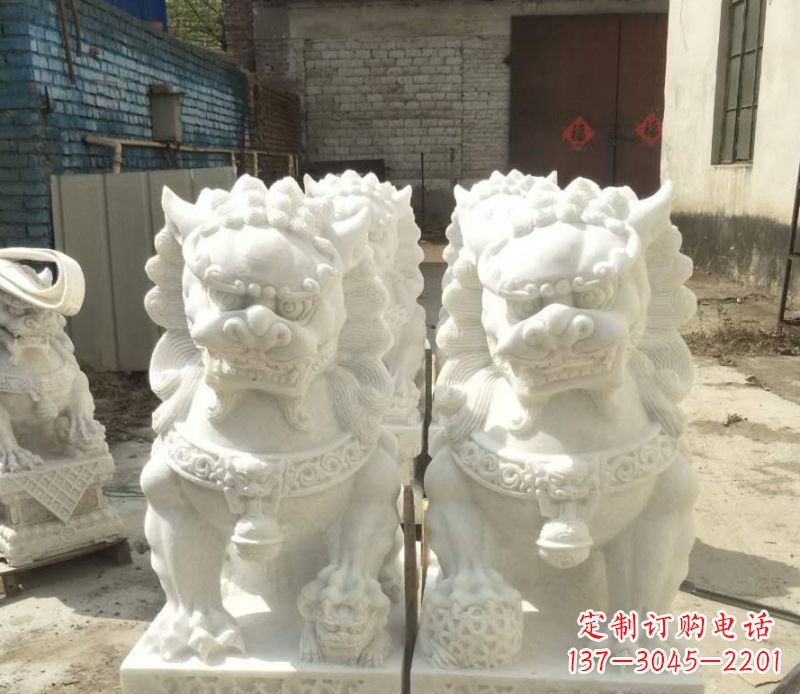 开封汉白玉踩绣球狮子石雕_1