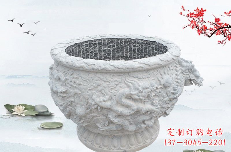 开封汉白玉龙浮雕水缸,传承传统经典