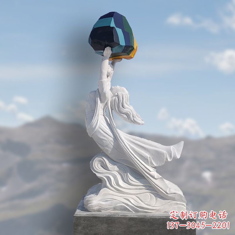 开封汉白玉女娲补天石雕雕塑摆件