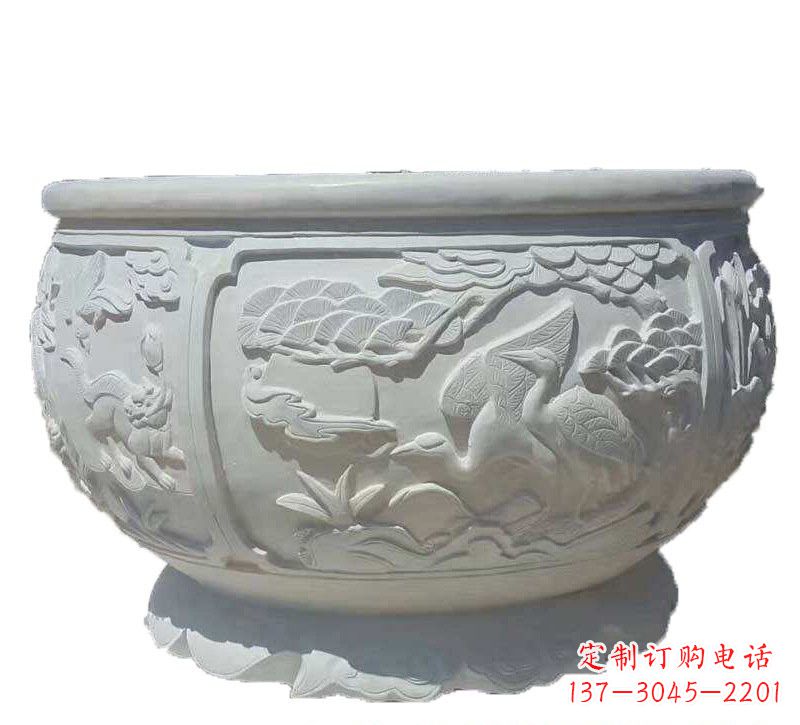 开封汉白玉松鹤延年浮雕水缸