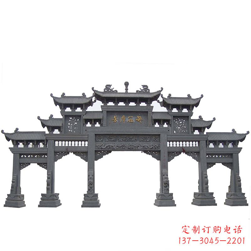 开封传承千年历史青石仿古五门石雕牌楼