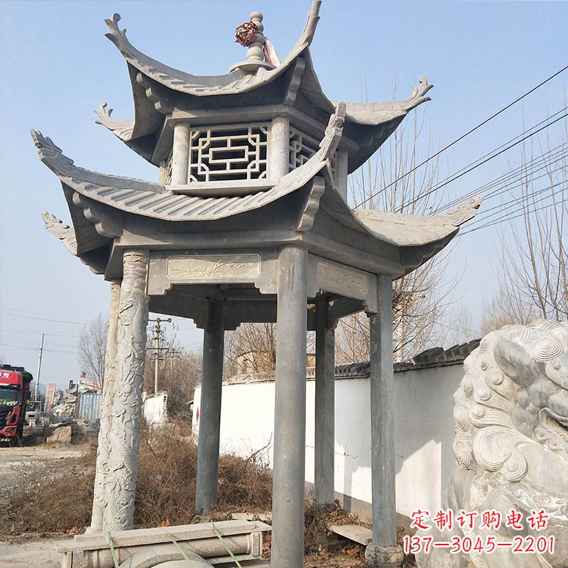 开封典雅精美的青石六角石凉亭雕塑