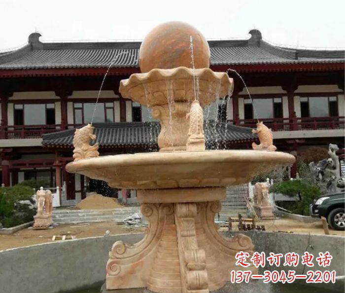 开封双层风水球喷泉晚霞红石雕