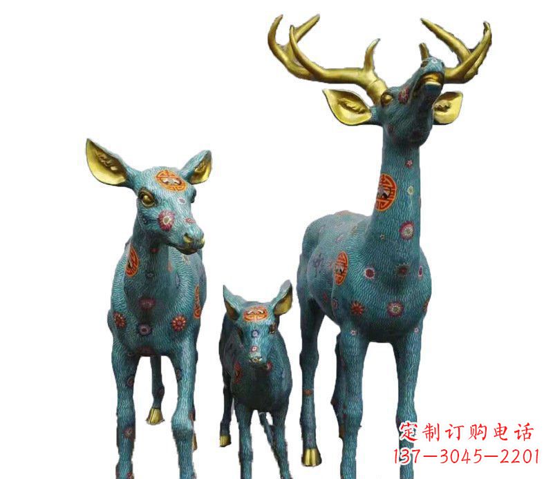 开封铜雕彩绘梅花鹿一家雕塑
