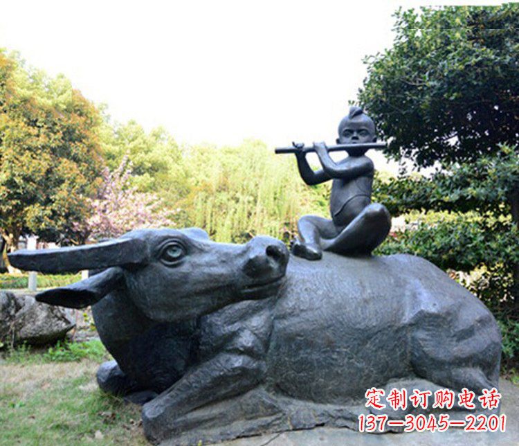 开封铜雕园林牧童骑牛景观摆件