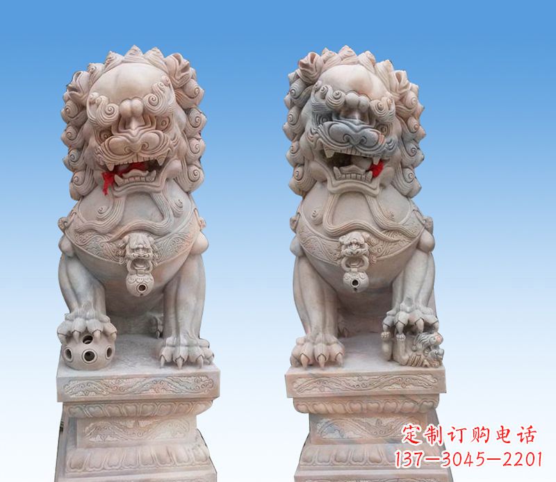 开封晚霞红踩球狮子石雕