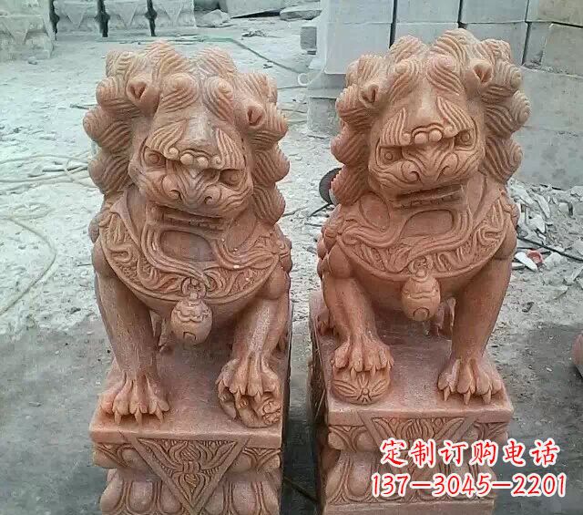 开封晚霞红传统狮子石雕