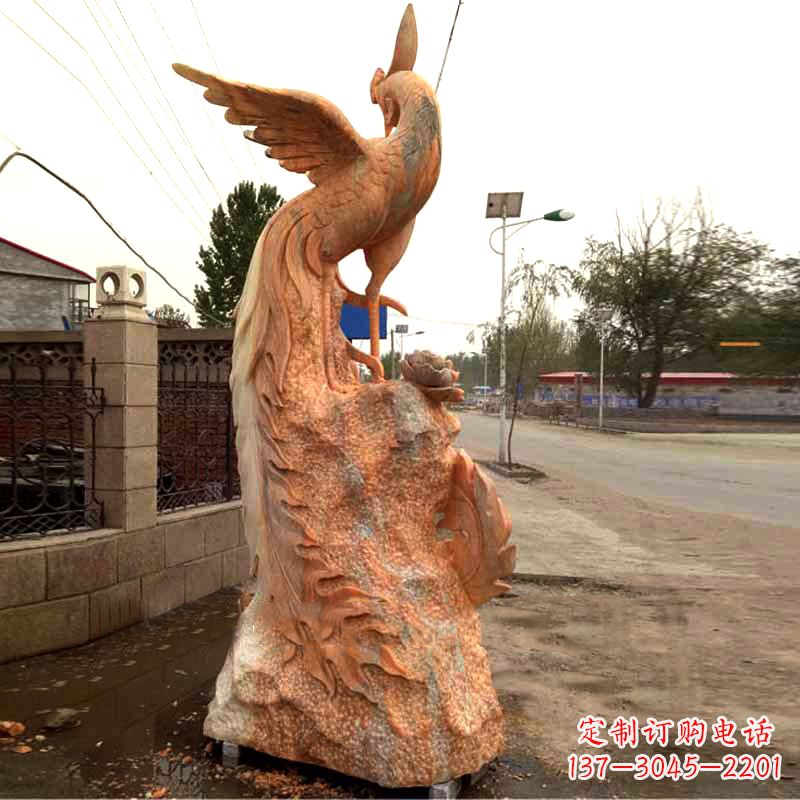 开封晚霞红大理石瑞鸟凤凰雕塑