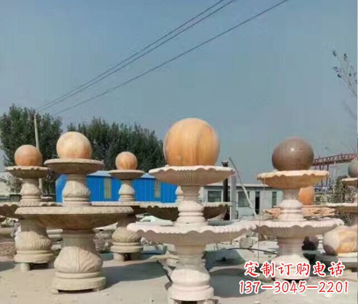 开封晚霞红多层风水球喷泉石雕