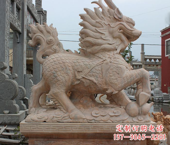 开封晚霞红古代神兽麒麟石雕