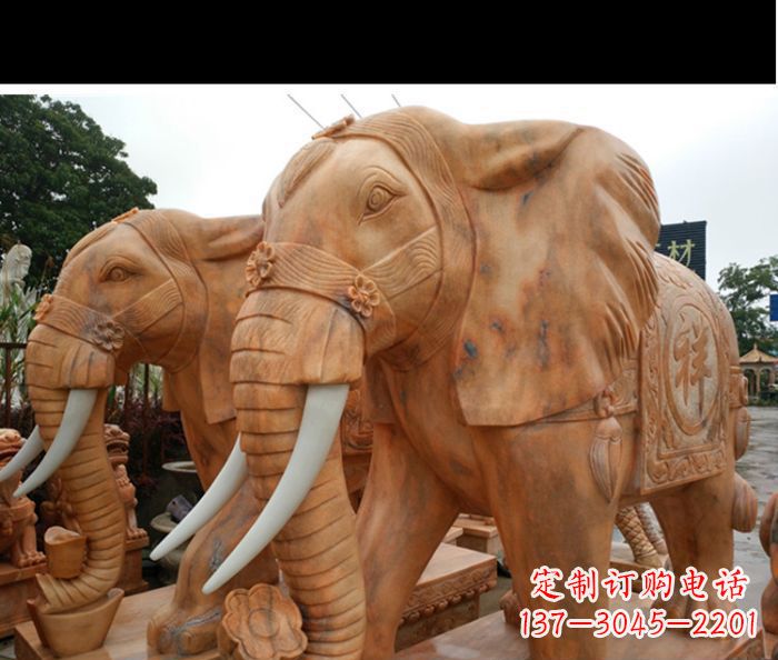 开封晚霞红吉祥如意门口镇宅招财大象石雕 (3)