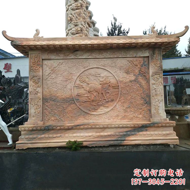 开封晚霞红麒麟影壁墙石雕