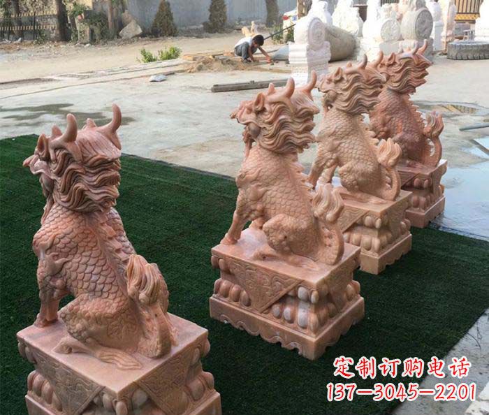 开封晚霞红麒麟招财镇宅石雕
