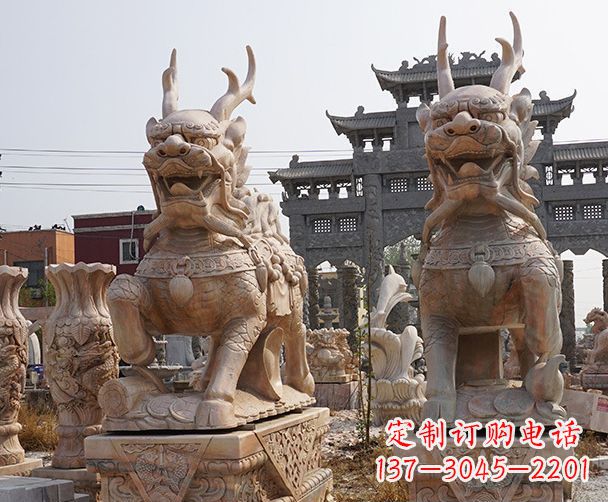开封晚霞红瑞兽麒麟石雕 (2)