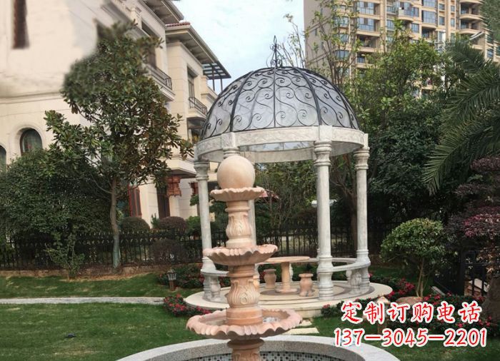 开封晚霞红三层风水球喷泉小区石雕