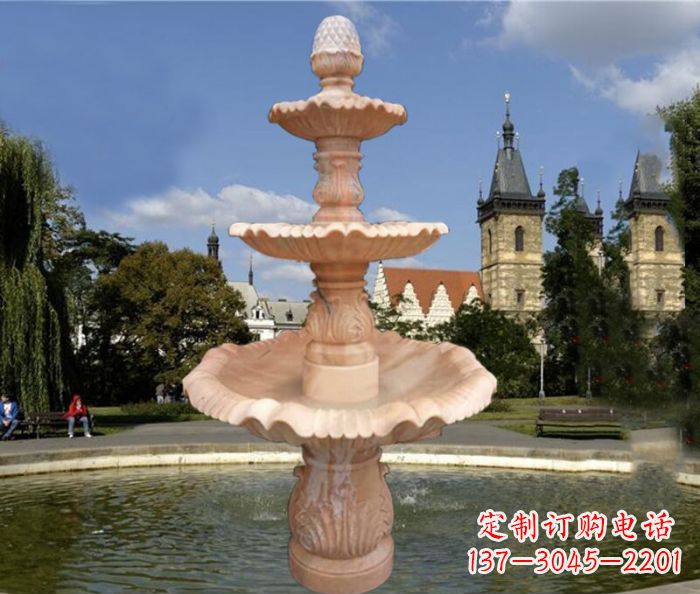 开封晚霞红三层喷泉广场石雕