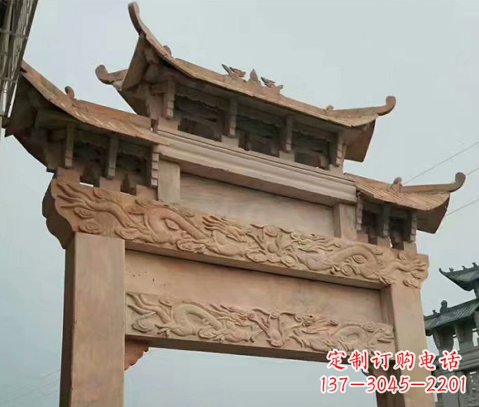 开封晚霞红石雕单门牌坊