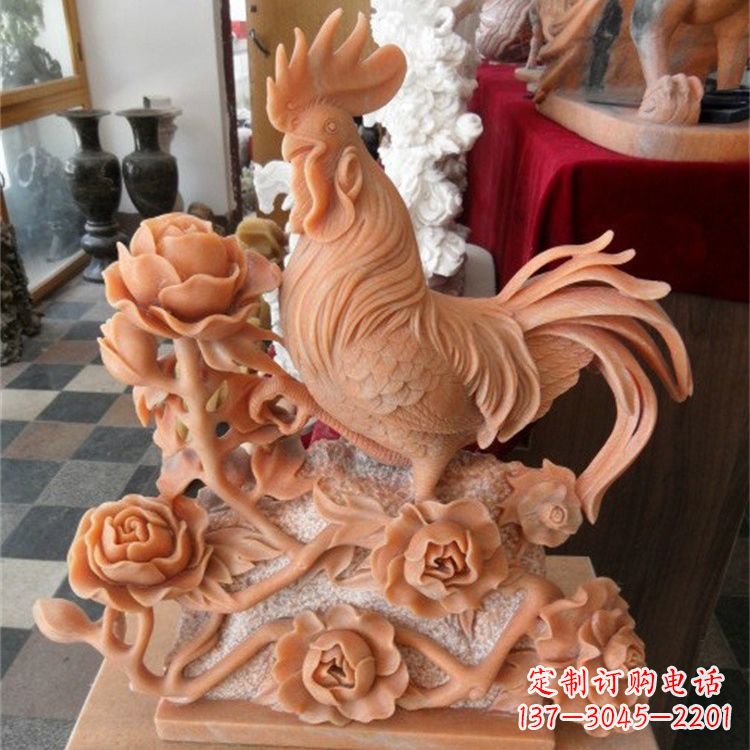 开封晚霞红石雕公鸡雕塑