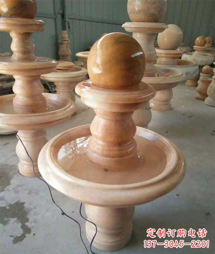 开封晚霞红双层风水球别墅喷泉石雕
