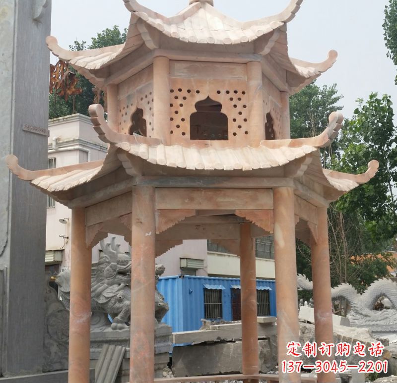 开封晚霞红双层六角凉亭石雕 (2)