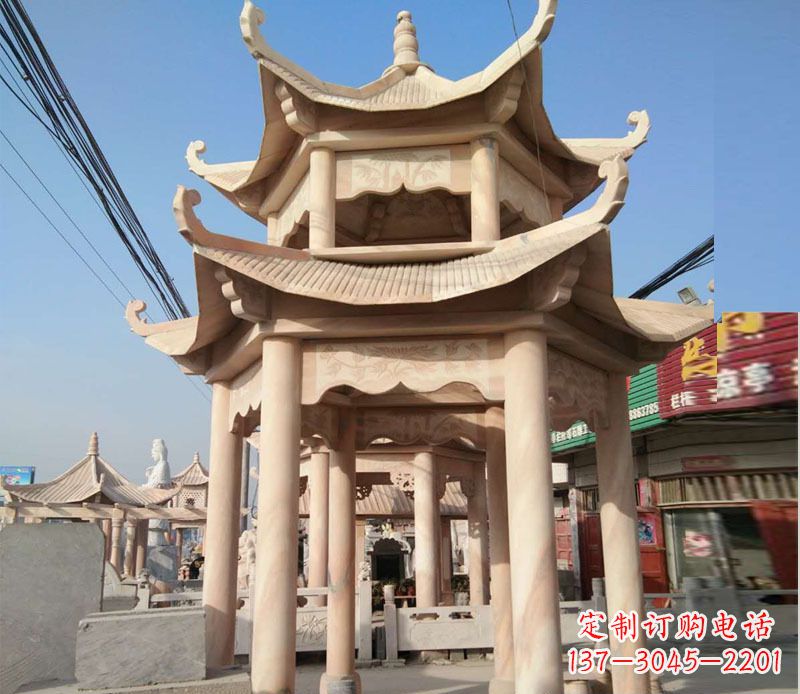 开封晚霞红双层六角凉亭石雕 (3)