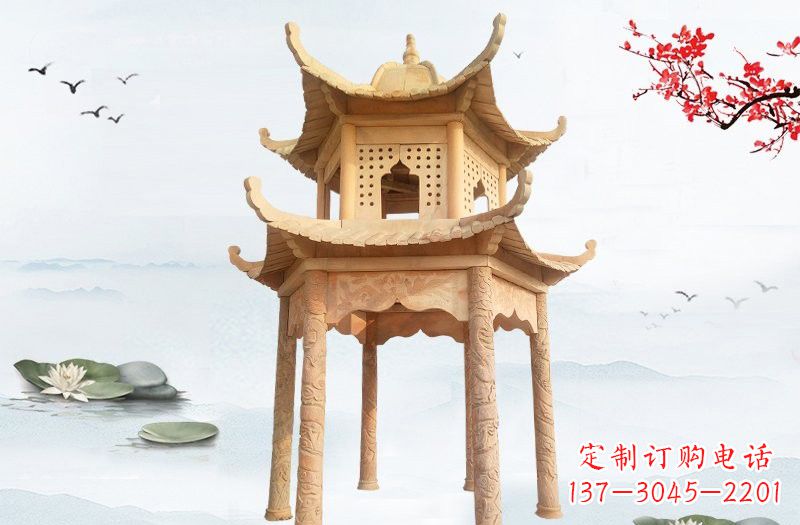 开封晚霞红双层六角凉亭石雕