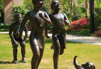 开封宁夏中领雕塑推出的儿童铜雕跑步遛狗，一款…