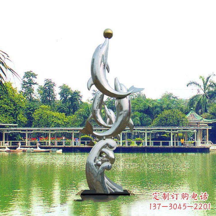 开封戏球不锈钢海豚雕塑-园林水景动物景观