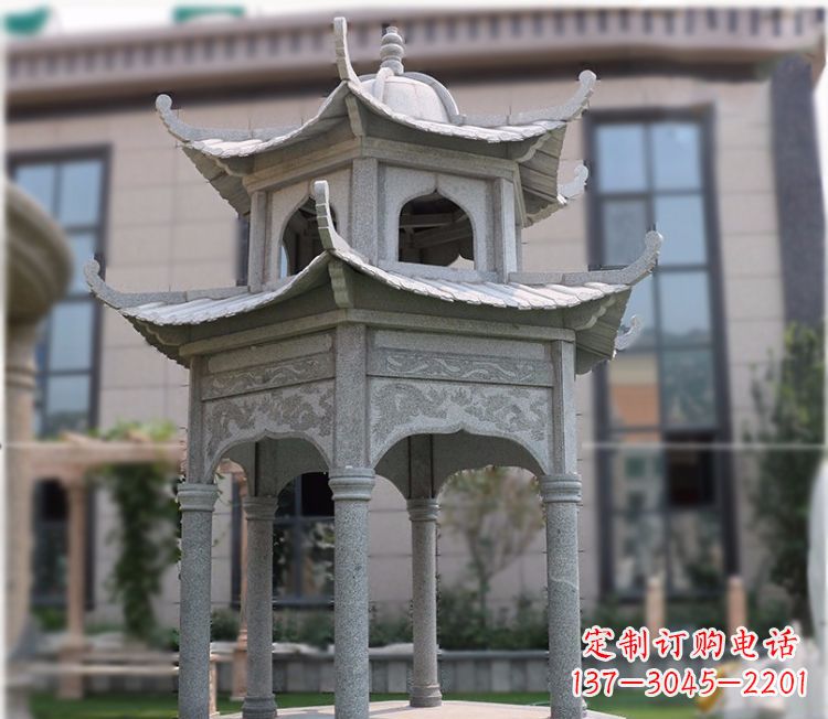 开封小区大理石六角石雕双层凉亭