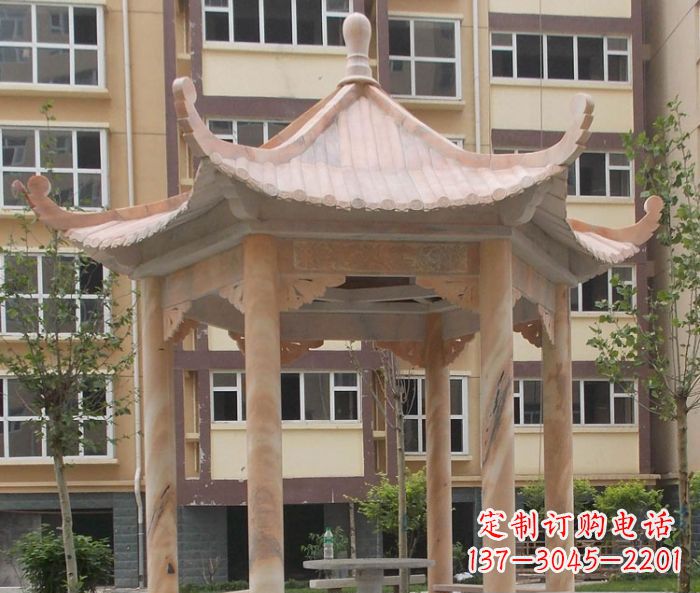 开封小区晚霞红六角凉亭石雕