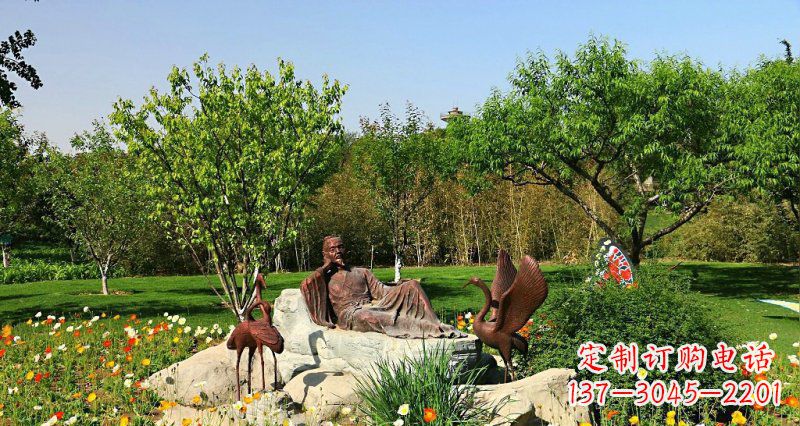开封园林古代人物仙鹤景观铜雕