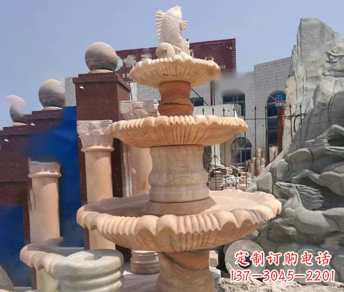开封园林景观晚霞红鲤鱼喷泉石雕