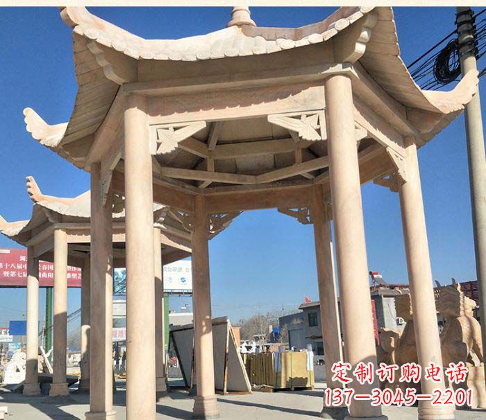 开封园林景观晚霞红六角石雕凉亭 (2)