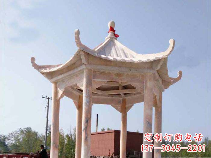 开封园林景观晚霞红六角石雕凉亭