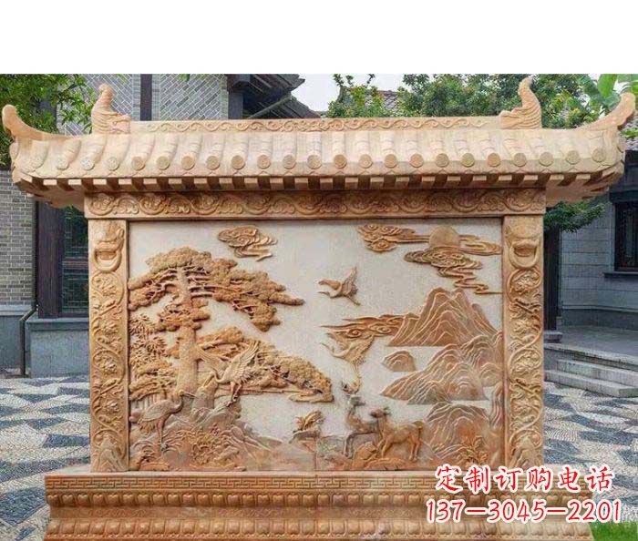 开封园林景观晚霞红松鹤石浮雕影壁