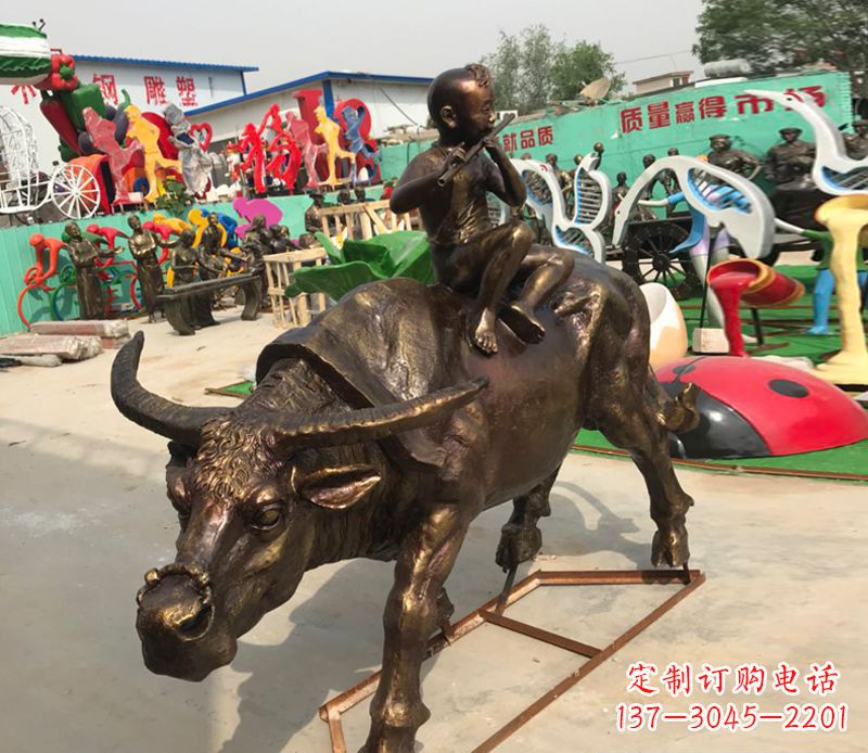 开封园林牧童骑牛铜雕塑