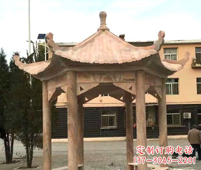 开封园林晚霞红六角石雕凉亭