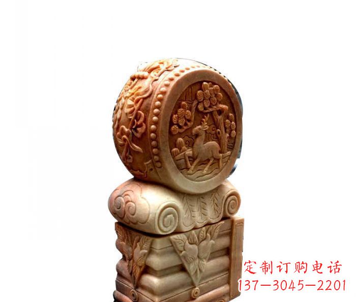 开封招财石门墩晚霞红抱鼓石